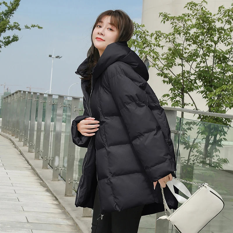 Winter New Style Puffer Jackets Women White Zipper Long Down Jacket Woman Korean Loose Hooded Bubble Coats Female