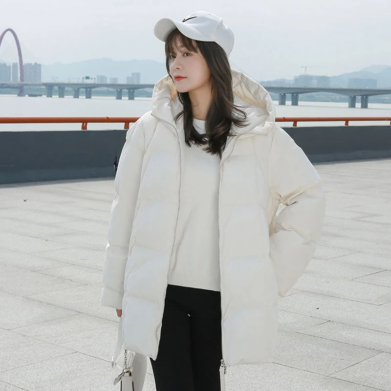 Winter New Style Puffer Jackets Women White Zipper Long Down Jacket Woman Korean Loose Hooded Bubble Coats Female