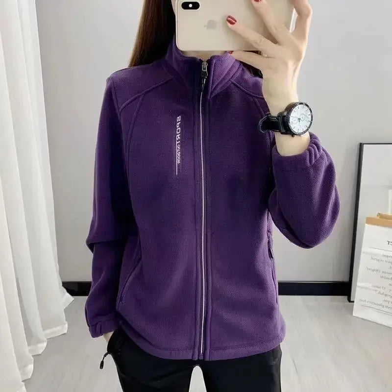 Women's Fleece Polar Coat Warm Thicken Plus Size Letter Printing Double-Sided Velvet Outerwear Coats Zipper Sports Sweatshirt