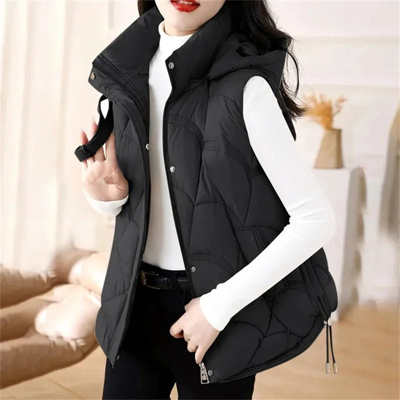 Women Hooded Zipper Cotton Vest Autumn Winter Sleeveless Jacket Warm Quilted Vest Korean Outdoor Windbreak Coat Female Waistcoat