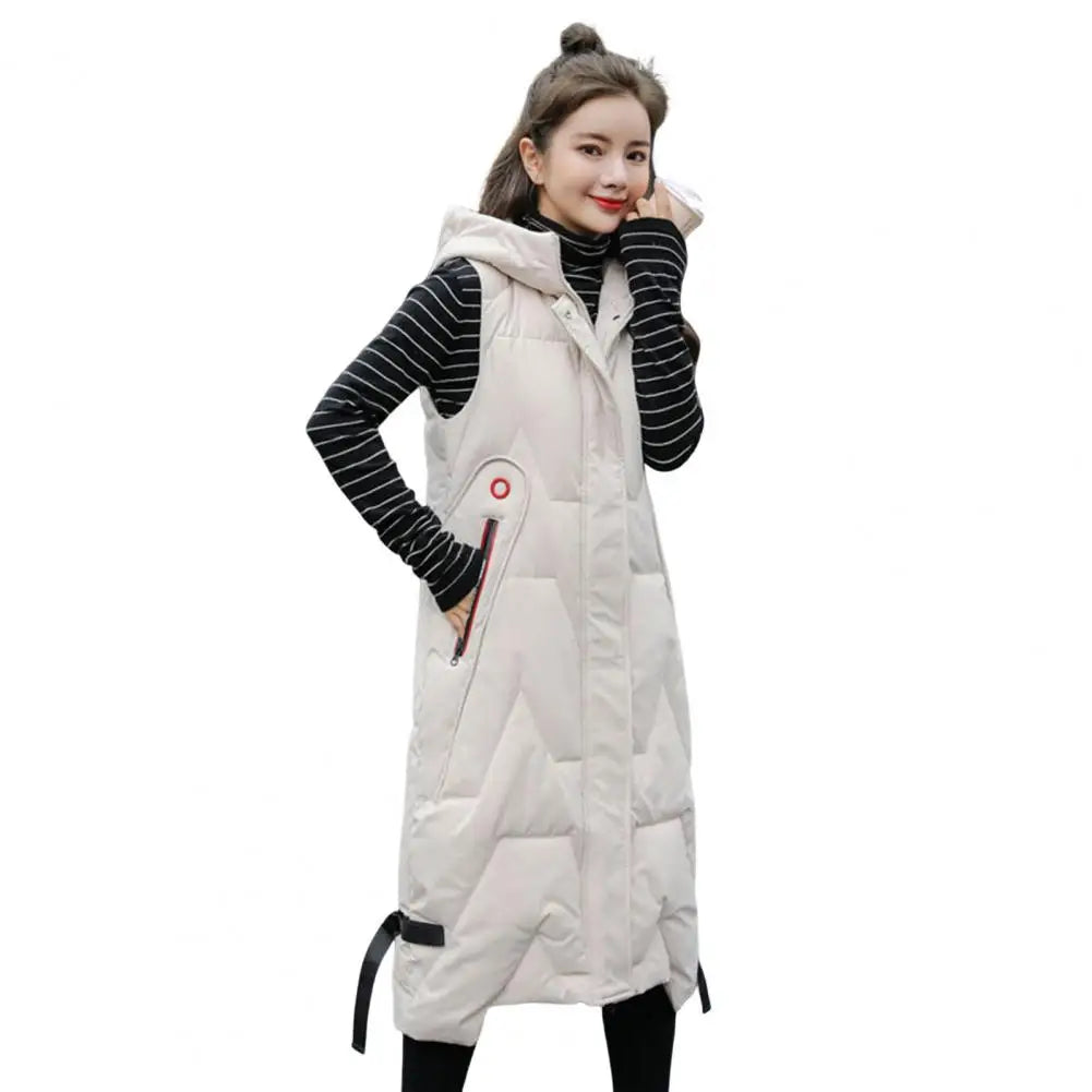 Winter Women Waistcoat Thickened Padded Hooded Sleeveless Long Vest Coat Solid Color Windproof Heat Retention Outdoor Down Coat