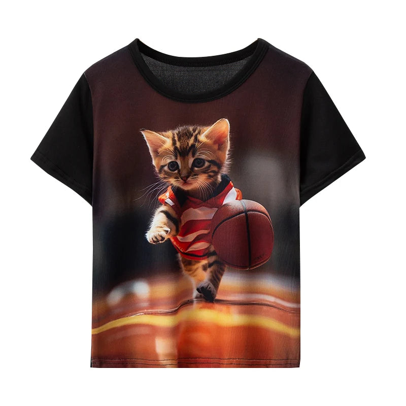 Children's Summer Thin Breathable Black 3D Cute Animal Print Short Sleeve Boys and Girls Casual Handsome Joker T-shirt.