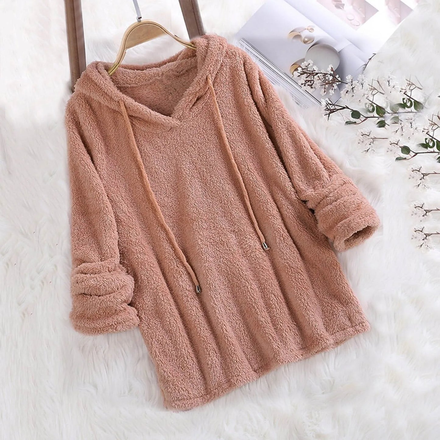 Long Sleeve Plush Hoodies Large Size Womens Casual Solid Hooded Sweatshirts Blouse Tops Cotton Sweat Shirts Sudaderas De Mujeres