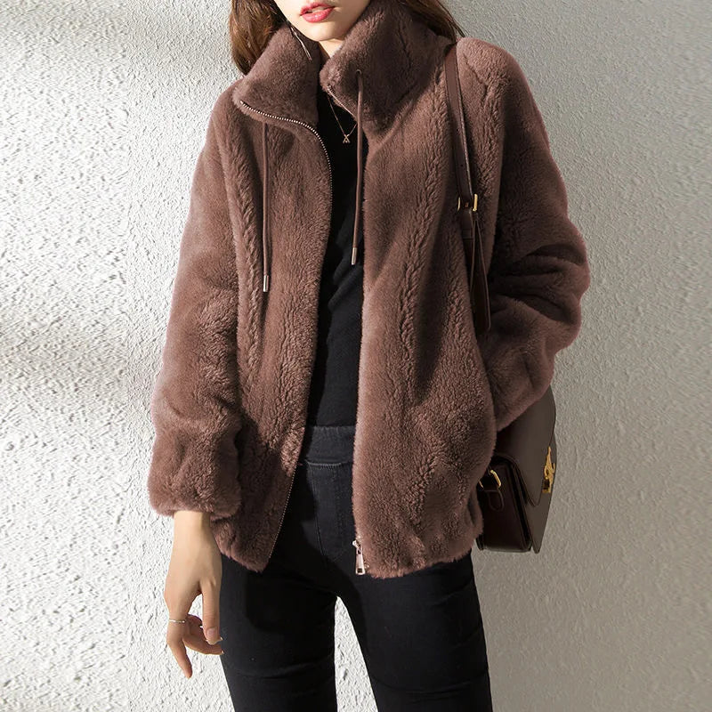 Women Winter Double Coral Fleece Warm Coat Stand Collar Plush Thick Overcoat Female Fashion Casual Long Sleeve Zipper Clothes