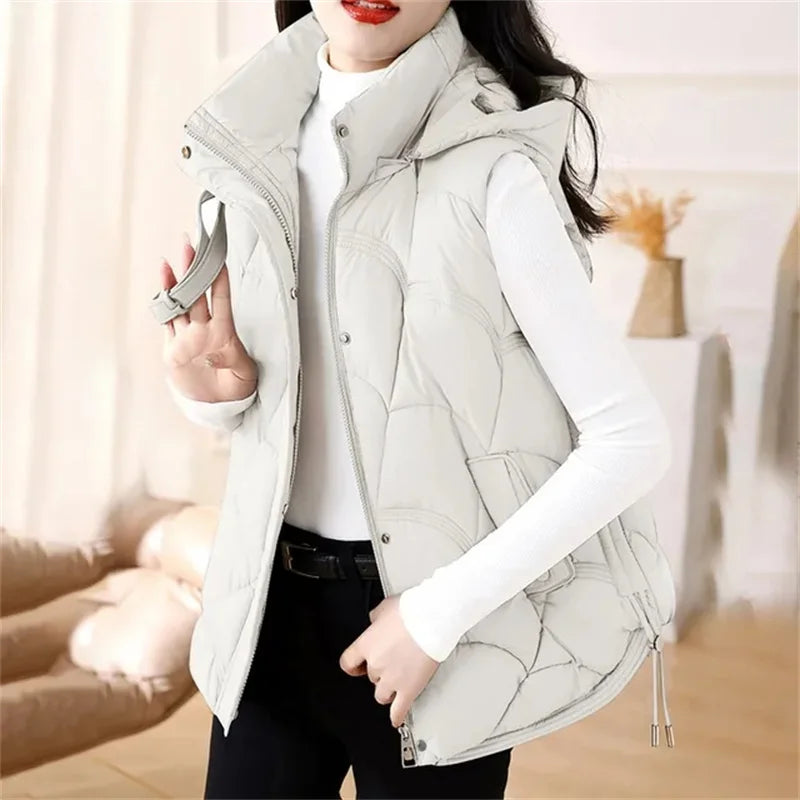 Women Hooded Zipper Cotton Vest Autumn Winter Sleeveless Jacket Warm Quilted Vest Korean Outdoor Windbreak Coat Female Waistcoat