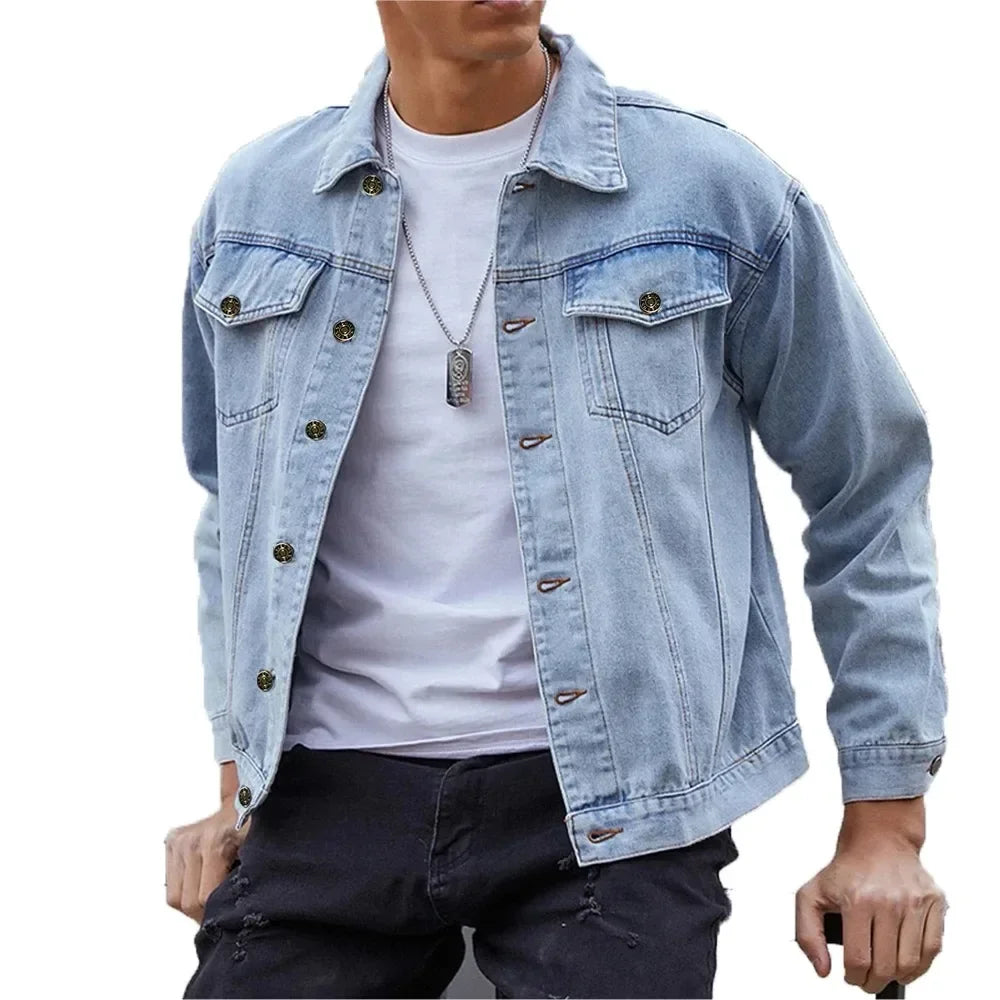 Cotton Denim Jacket Men Casual Solid Color Lapel Single Breasted Jeans Jacket Men Autumn Slim Fit Quality Mens Jackets