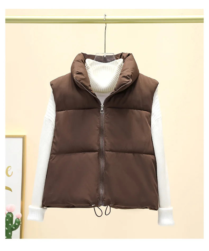 Winter Short Down Sleeveless Vest Women Warm Stand Collar Zipper Jacket Casual Fashion Quilted Cropped Coats Street Outerwears