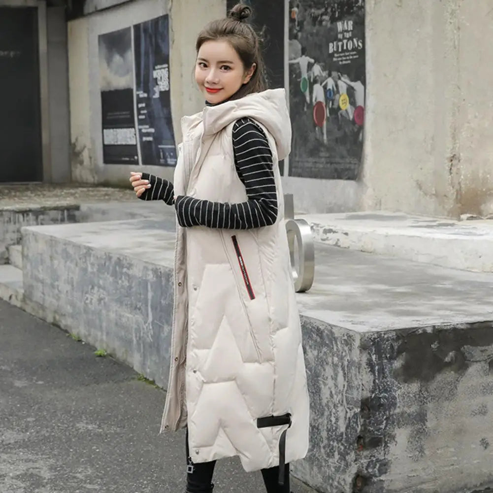 Winter Women Waistcoat Thickened Padded Hooded Sleeveless Long Vest Coat Solid Color Windproof Heat Retention Outdoor Down Coat