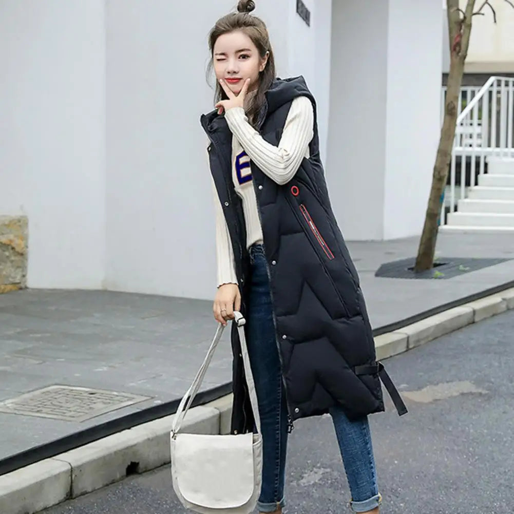 Winter Women Waistcoat Thickened Padded Hooded Sleeveless Long Vest Coat Solid Color Windproof Heat Retention Outdoor Down Coat