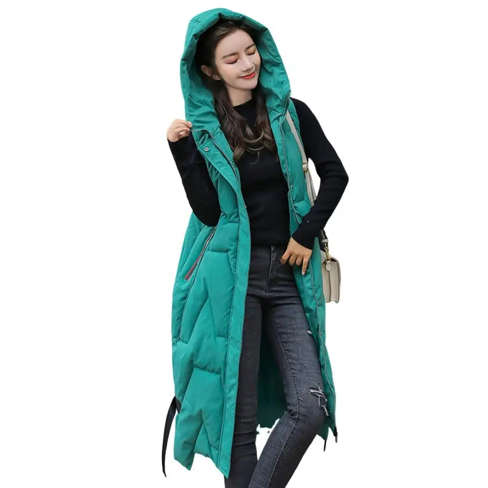 Winter Women Waistcoat Thickened Padded Hooded Sleeveless Long Vest Coat Solid Color Windproof Heat Retention Outdoor Down Coat