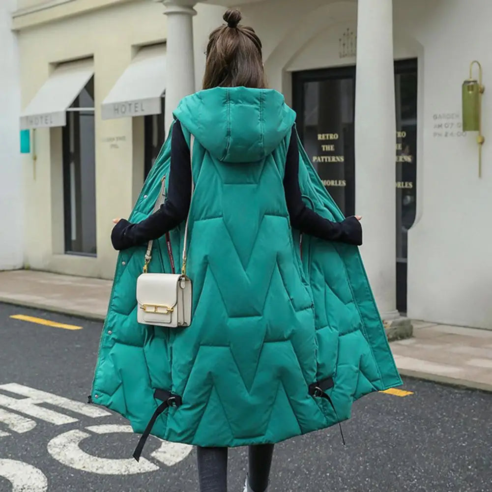 Winter Women Waistcoat Thickened Padded Hooded Sleeveless Long Vest Coat Solid Color Windproof Heat Retention Outdoor Down Coat