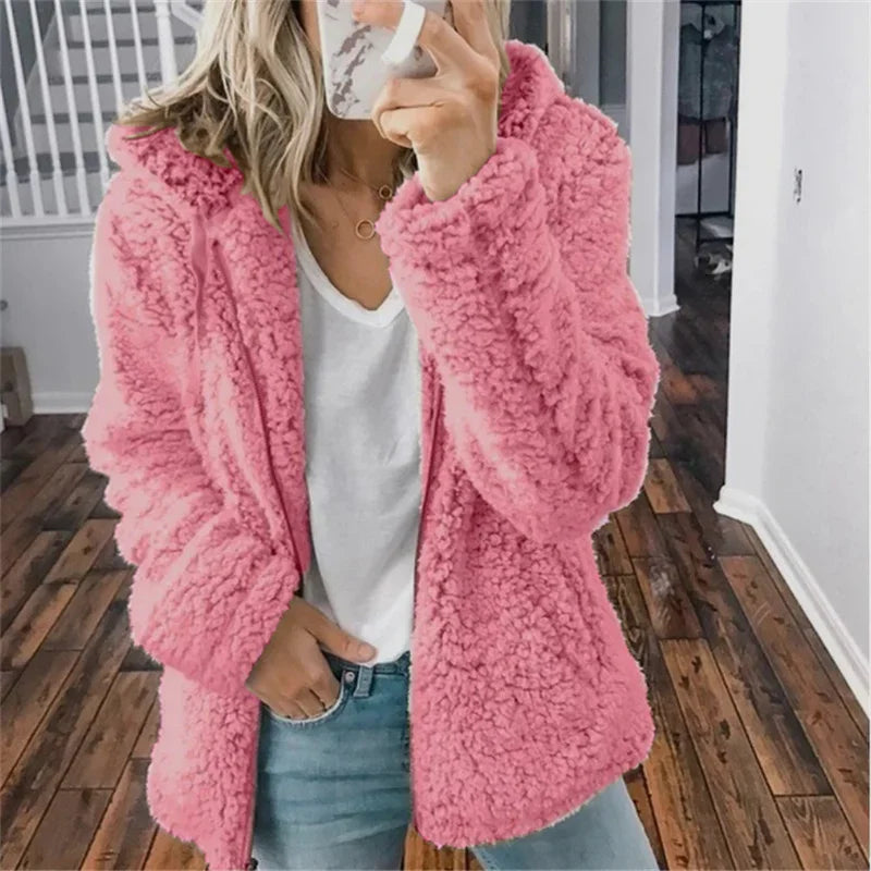 Women Plush Thickened Warm Hoodie Fashion Solid Color Cardigan Hooded Sweatshirt Winter Female Comfortable Casual Outerwear 5XL