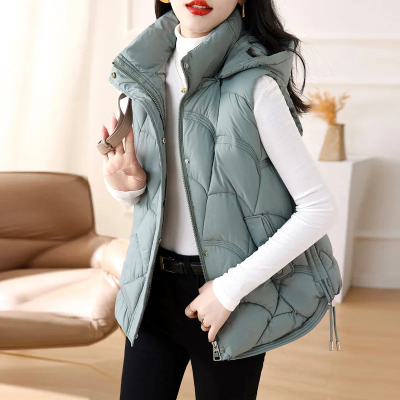 Women Hooded Zipper Cotton Vest Autumn Winter Sleeveless Jacket Warm Quilted Vest Korean Outdoor Windbreak Coat Female Waistcoat