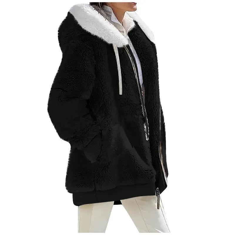 Autumn Winter Fashion Women's Coat New Casual Hooded Zipper Lady Clothes Cashmere Female Fleece Jacket Solid Color Ladies Coats