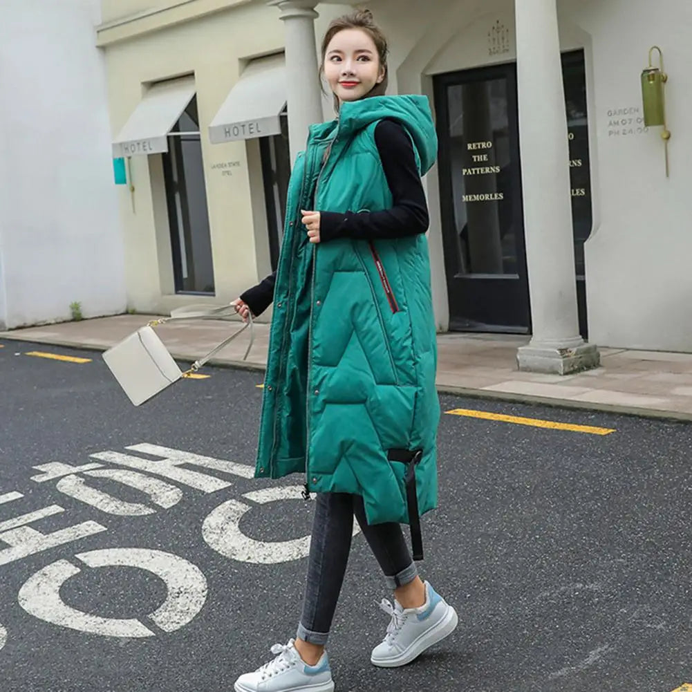 Winter Women Waistcoat Thickened Padded Hooded Sleeveless Long Vest Coat Solid Color Windproof Heat Retention Outdoor Down Coat