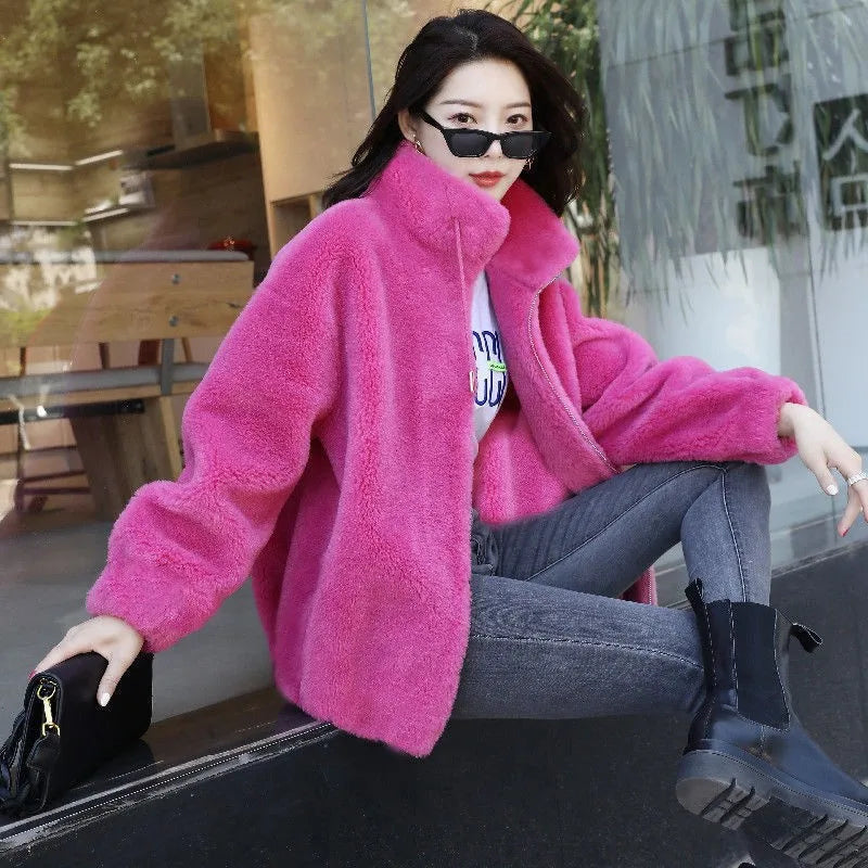 Women Winter Double Coral Fleece Warm Coat Stand Collar Plush Thick Overcoat Female Fashion Casual Long Sleeve Zipper Clothes