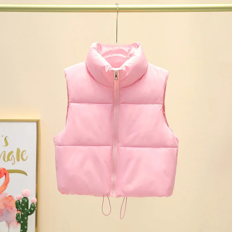 Winter Short Down Sleeveless Vest Women Warm Stand Collar Zipper Jacket Casual Fashion Quilted Cropped Coats Street Outerwears