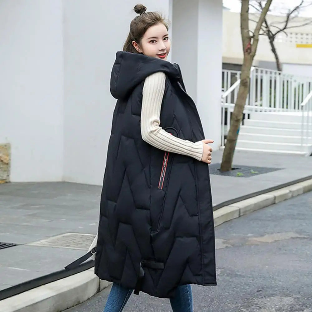 Winter Women Waistcoat Thickened Padded Hooded Sleeveless Long Vest Coat Solid Color Windproof Heat Retention Outdoor Down Coat