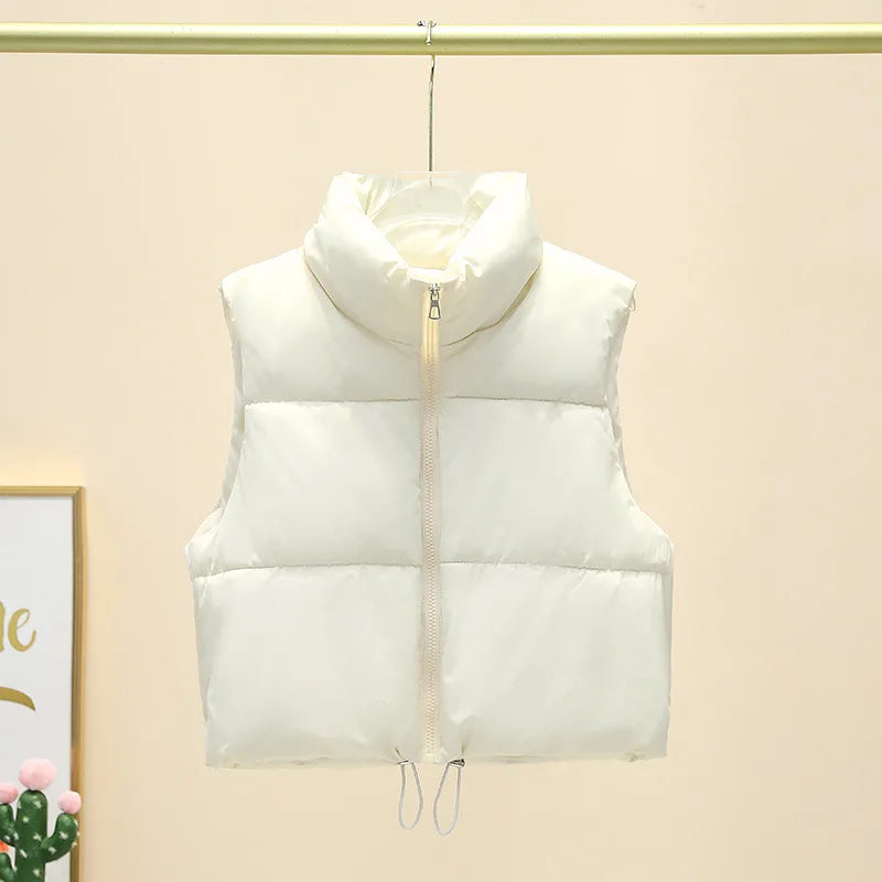 Winter Short Down Sleeveless Vest Women Warm Stand Collar Zipper Jacket Casual Fashion Quilted Cropped Coats Street Outerwears