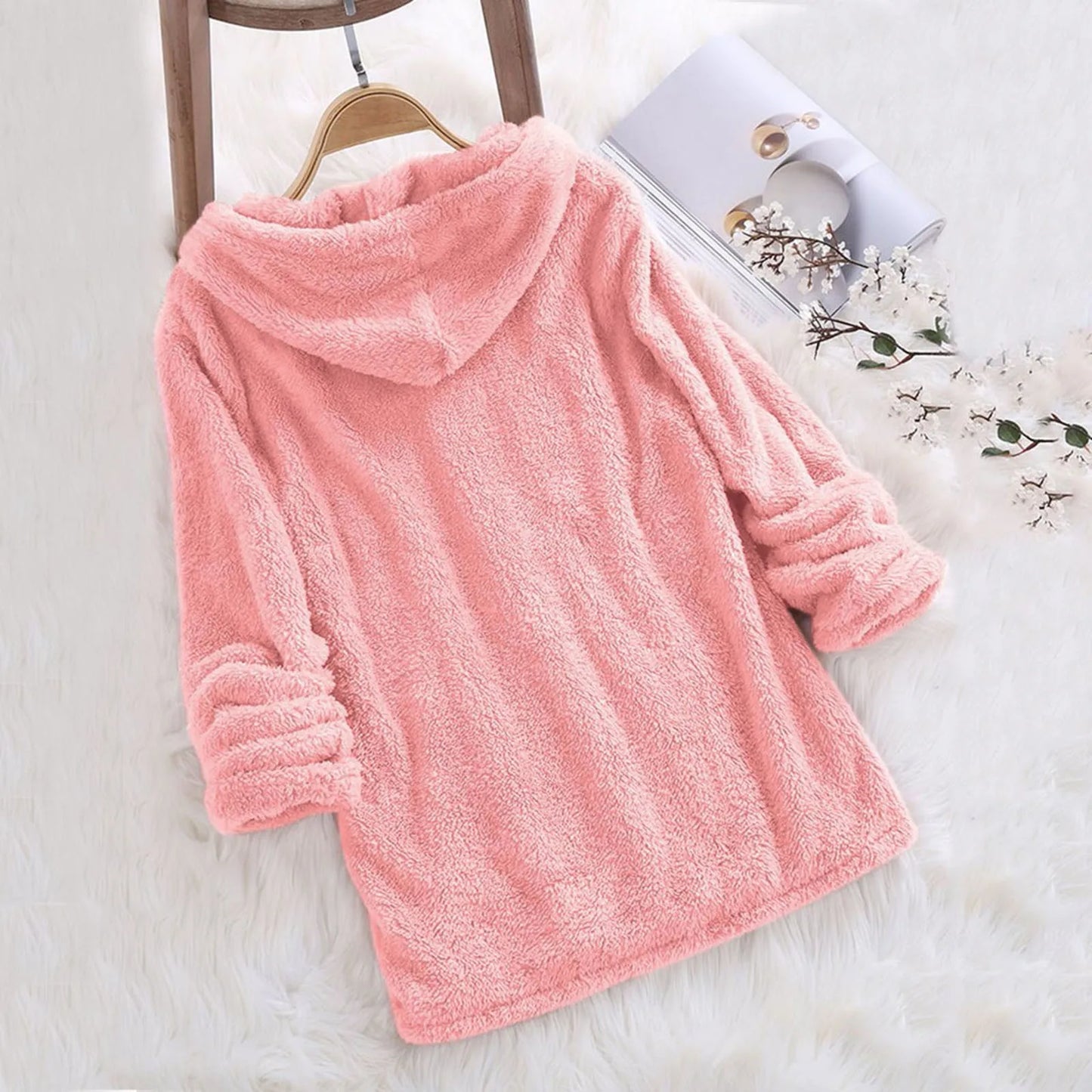 Long Sleeve Plush Hoodies Large Size Womens Casual Solid Hooded Sweatshirts Blouse Tops Cotton Sweat Shirts Sudaderas De Mujeres