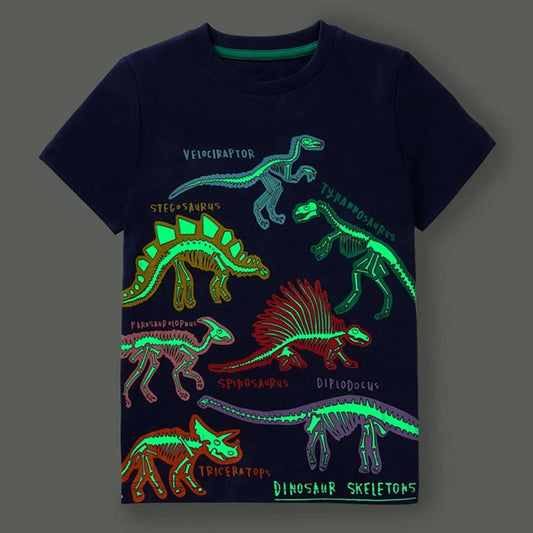 Summer Children Fashion Cartoon Luminous Dinosaurs Short Sleeve T-shirt Boys Breathable Shirt Pullover Tops Kids Clothes