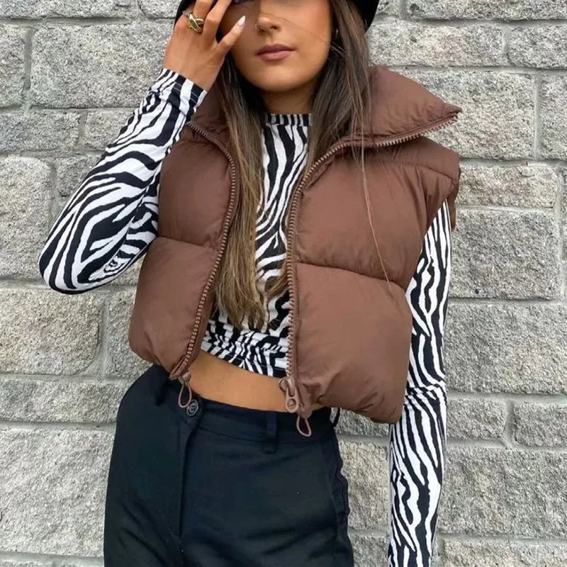 Winter Short Down Sleeveless Vest Women Warm Stand Collar Zipper Jacket Casual Fashion Quilted Cropped Coats Street Outerwears