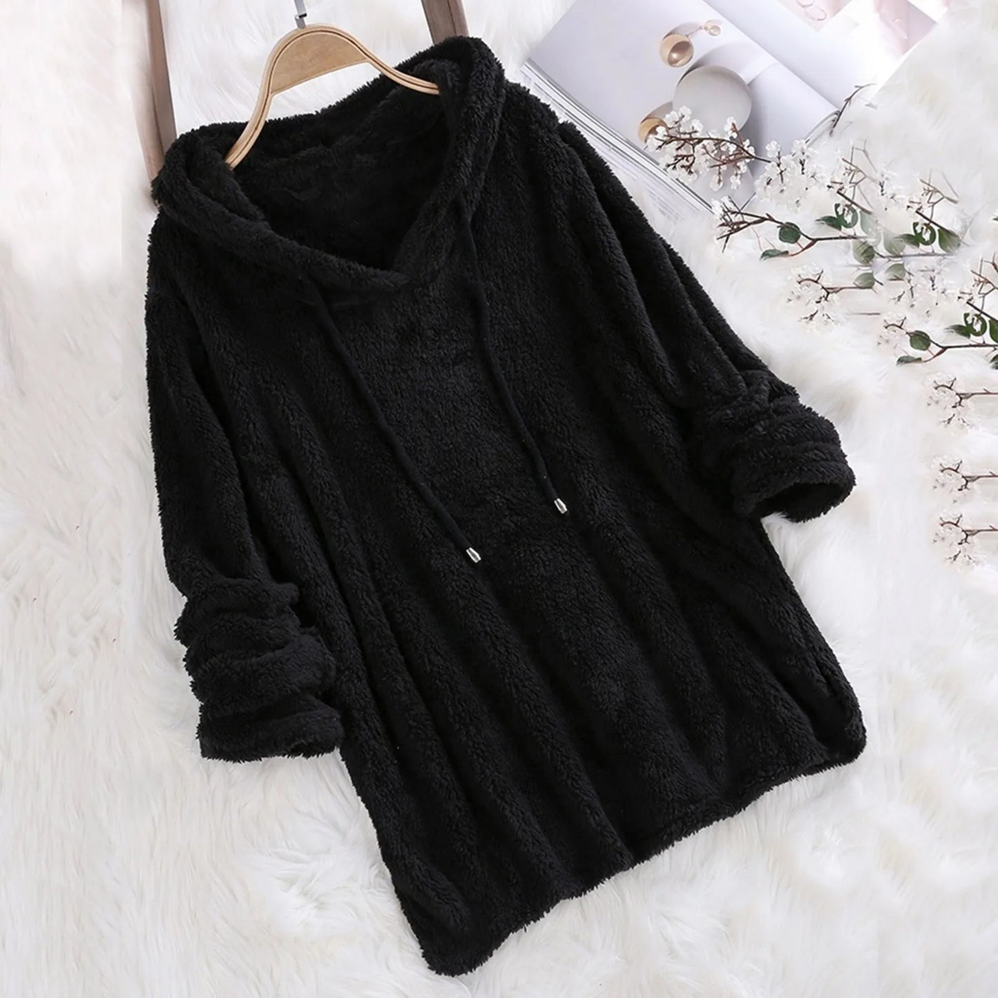 Long Sleeve Plush Hoodies Large Size Womens Casual Solid Hooded Sweatshirts Blouse Tops Cotton Sweat Shirts Sudaderas De Mujeres