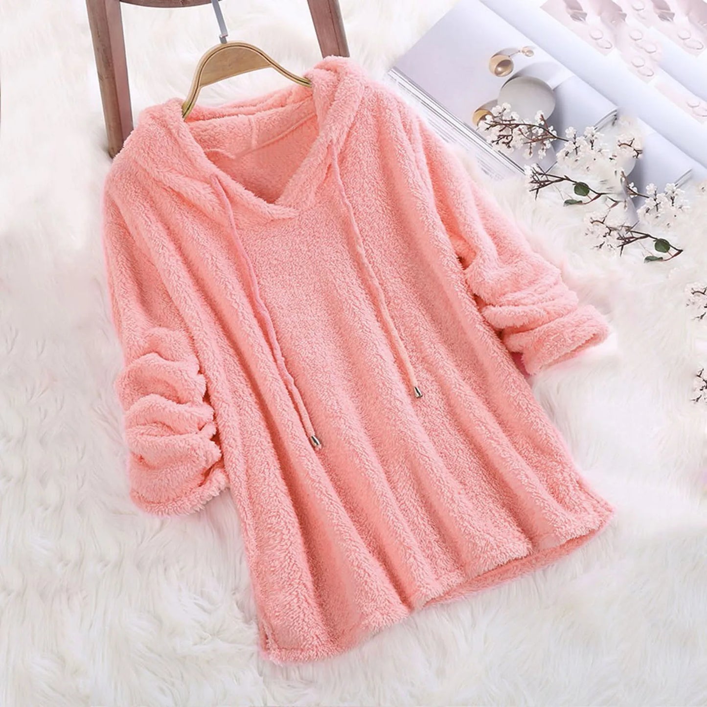 Long Sleeve Plush Hoodies Large Size Womens Casual Solid Hooded Sweatshirts Blouse Tops Cotton Sweat Shirts Sudaderas De Mujeres