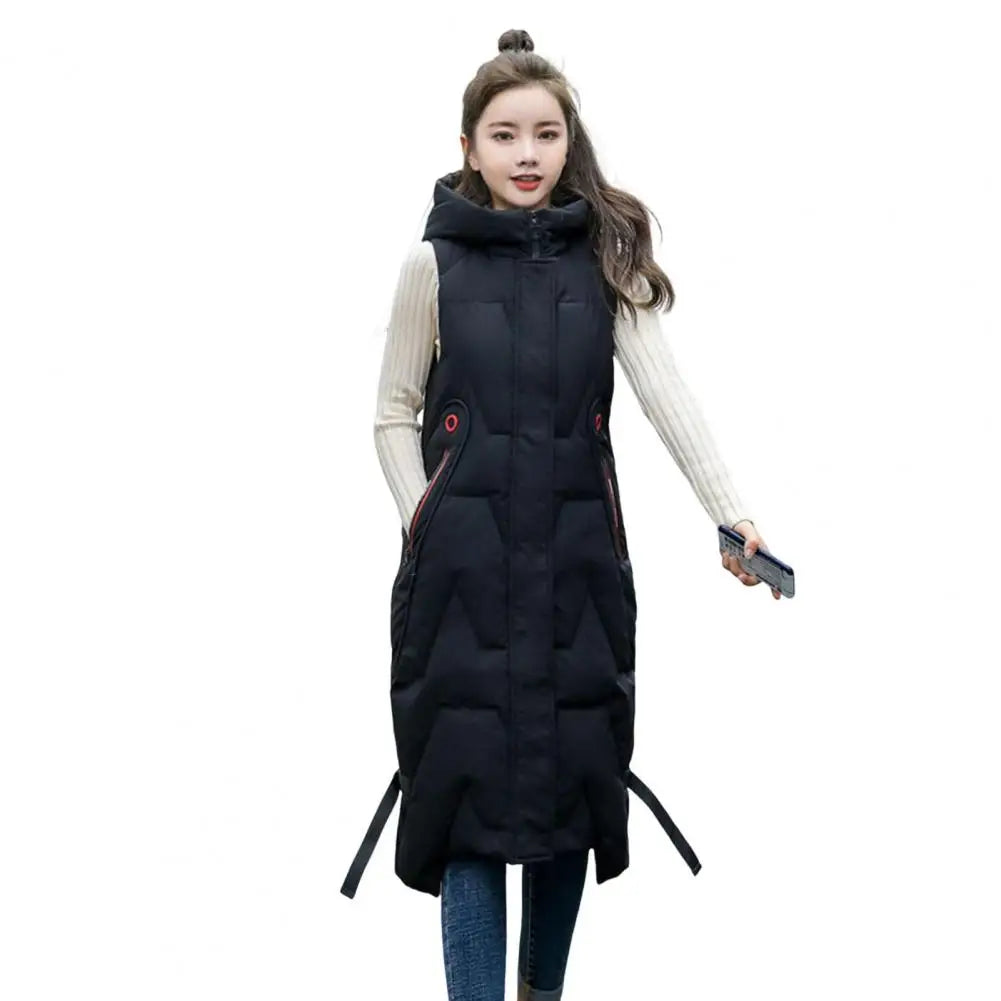 Winter Women Waistcoat Thickened Padded Hooded Sleeveless Long Vest Coat Solid Color Windproof Heat Retention Outdoor Down Coat