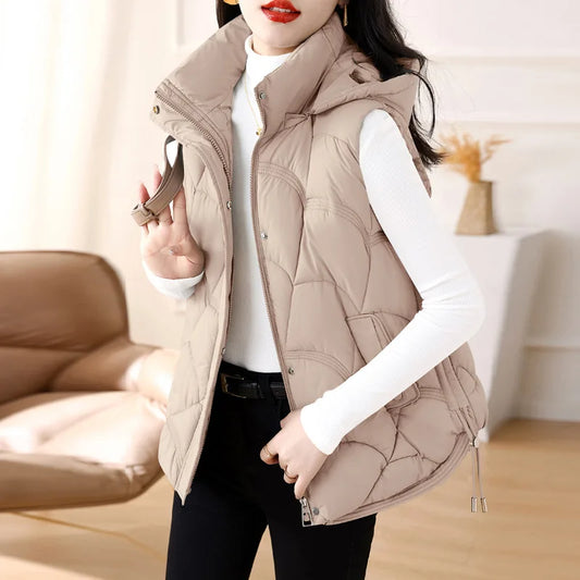 Women Hooded Zipper Cotton Vest Autumn Winter Sleeveless Jacket Warm Quilted Vest Korean Outdoor Windbreak Coat Female Waistcoat