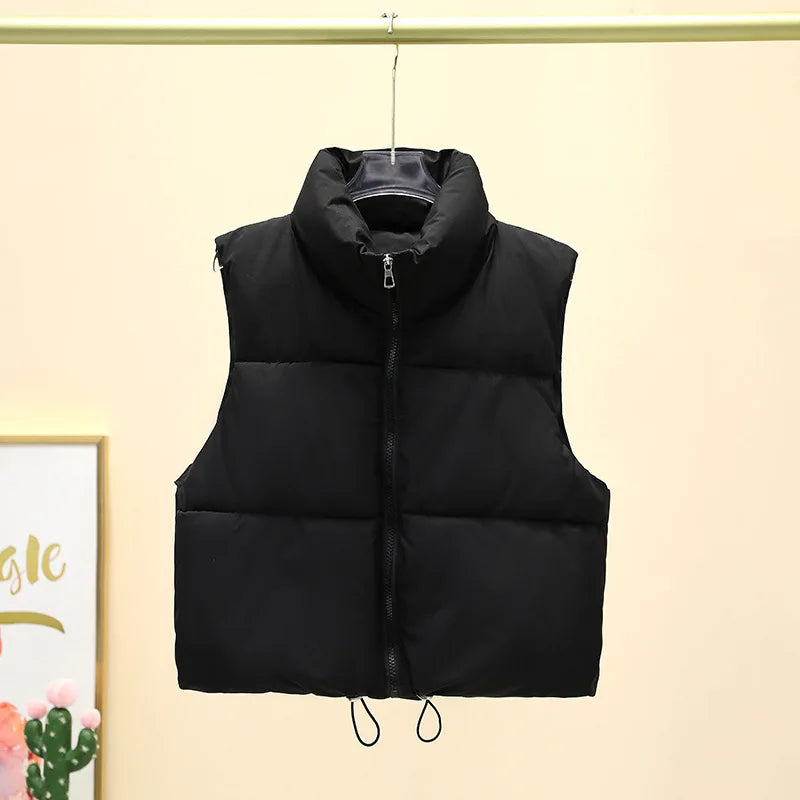 Winter Short Down Sleeveless Vest Women Warm Stand Collar Zipper Jacket Casual Fashion Quilted Cropped Coats Street Outerwears