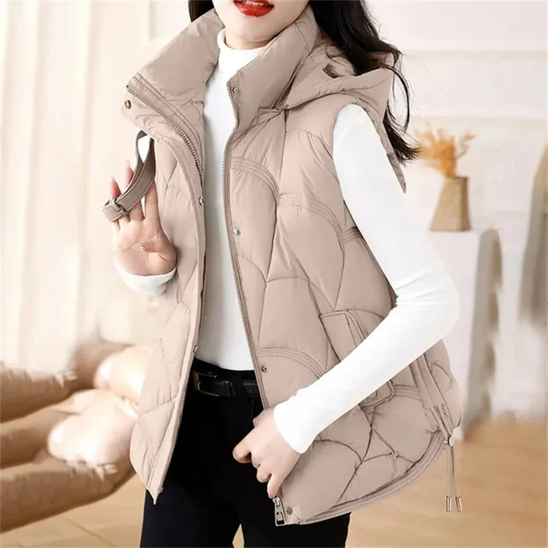 Women Hooded Zipper Cotton Vest Autumn Winter Sleeveless Jacket Warm Quilted Vest Korean Outdoor Windbreak Coat Female Waistcoat