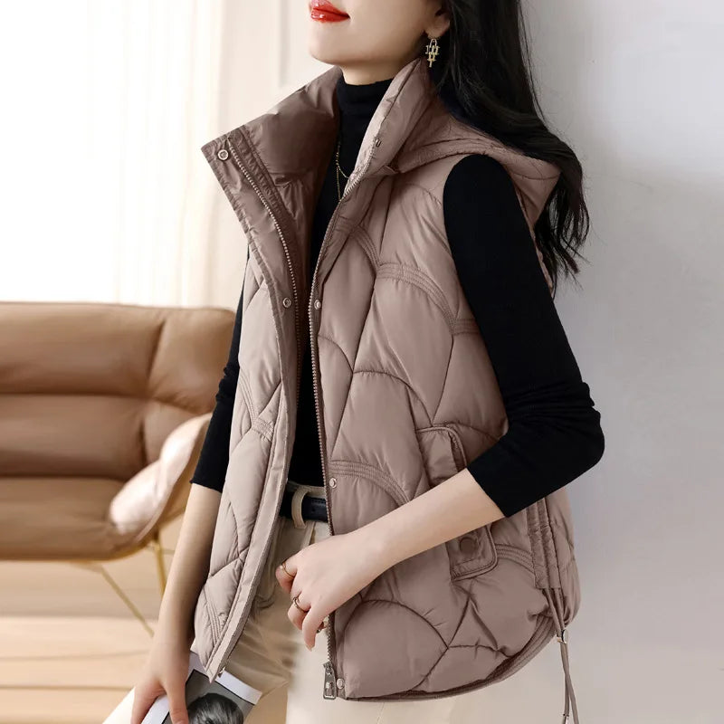 Women Hooded Zipper Cotton Vest Autumn Winter Sleeveless Jacket Warm Quilted Vest Korean Outdoor Windbreak Coat Female Waistcoat