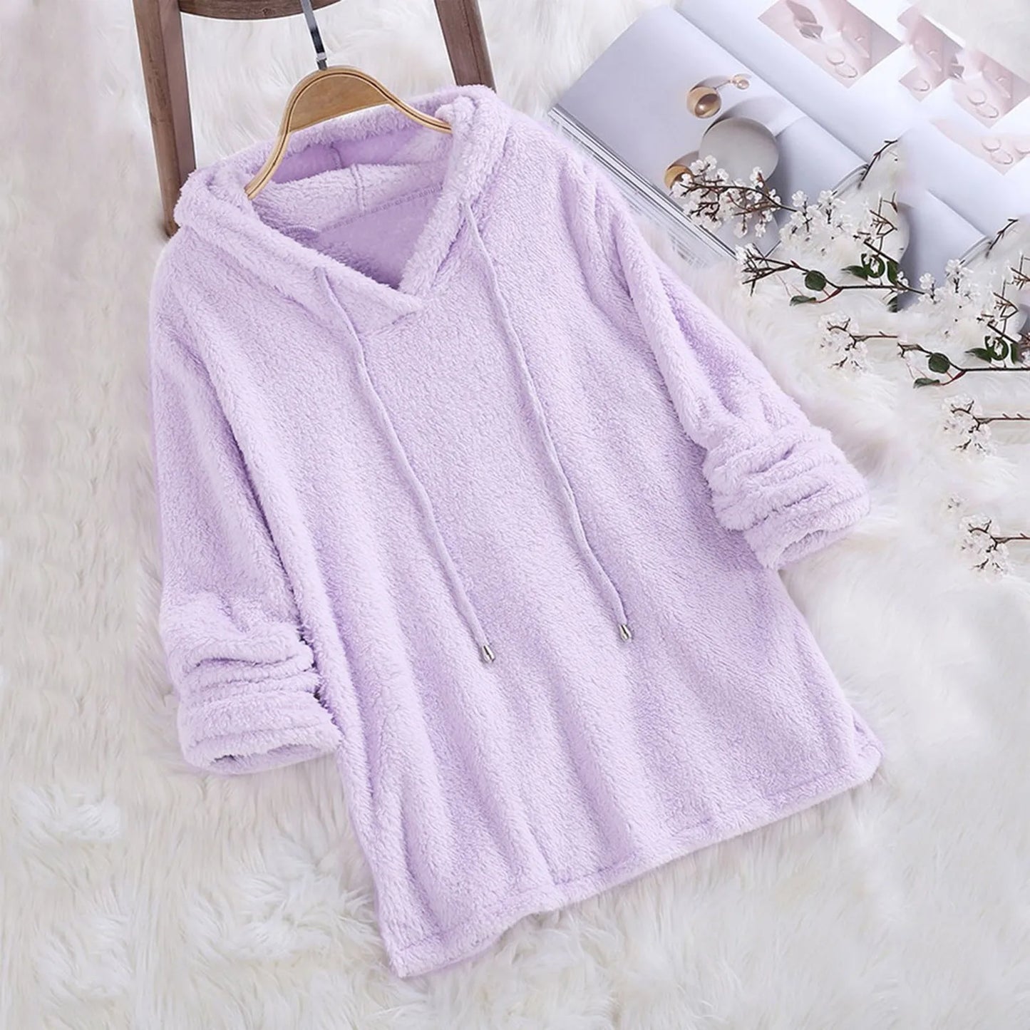 Long Sleeve Plush Hoodies Large Size Womens Casual Solid Hooded Sweatshirts Blouse Tops Cotton Sweat Shirts Sudaderas De Mujeres