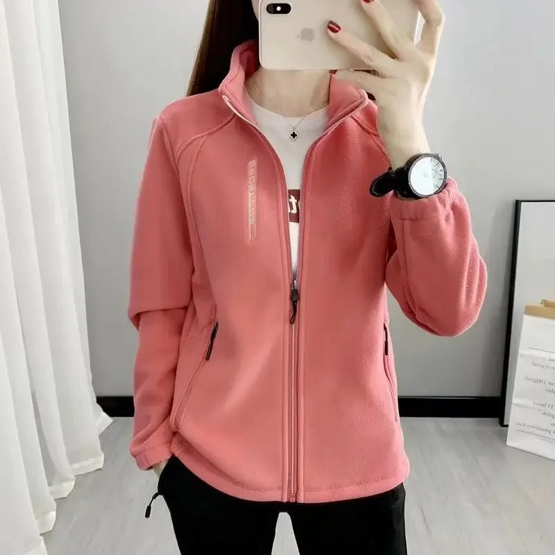 Women's Fleece Polar Coat Warm Thicken Plus Size Letter Printing Double-Sided Velvet Outerwear Coats Zipper Sports Sweatshirt