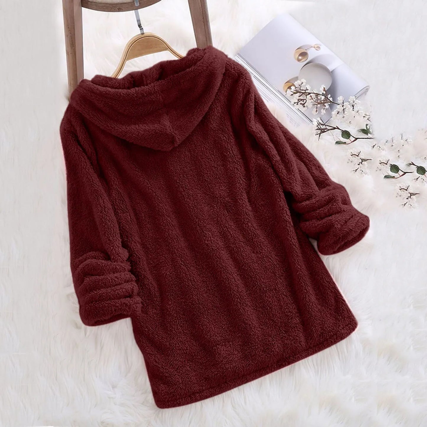 Long Sleeve Plush Hoodies Large Size Womens Casual Solid Hooded Sweatshirts Blouse Tops Cotton Sweat Shirts Sudaderas De Mujeres